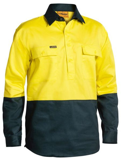 Bisley Closed Front Long Sleeved HiVis Drill Shirt